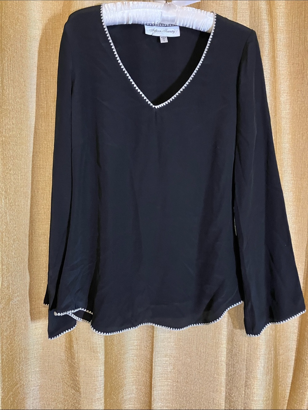 Fifteen Twenty Black V-Neck Long Sleeve Top with White Trim